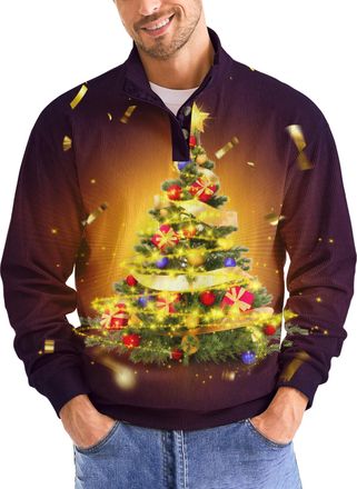 Generic Christmas Sweatshirts for Men Fashion Xmas Graphic Print Long Sleeve Sweatshirt Stand Collar Button Slim Pullover Tops
