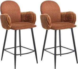 Beliani Set of 2 Bar Chairs Brown Fabric Upholstery With Velvet Armrests Retro AMITY