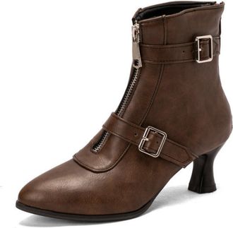 Generic Womens Pointed Toe 5.5cm Kitten Heel Dressy Ankle Boots with Buckle & Zip for Casual,Brown PU,1.5 UK
