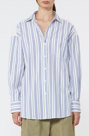 Max Mara Tessile Stripe Poplin Eyelet Button-Up Shirt in Navy at Nordstrom, Size 16