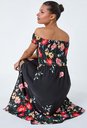Roman Floral Shirred Bardot Stretch Maxi Dress