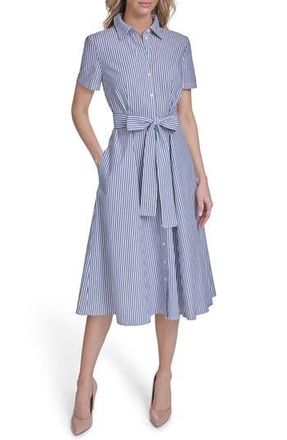 Tommy Hilfiger Stripe Short Sleeve Cotton Shirtdress in Bright White/Marina Blue at Nordstrom Rack, Size 10