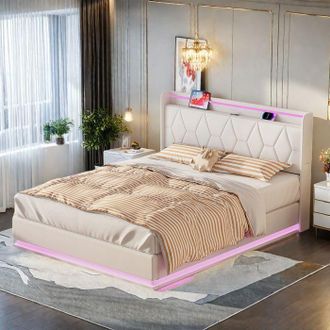 OEM Cama Hidr&aacute;ulica 140x200 Cm - Cama Cofre Doble Para Adultos Con Led En 3 Lados Y Usb - Tejido De Lino De Terciopelo Blanco Moderno, Almacenamiento Hidr