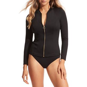Seafolly Zip Front Long Sleeve Rashguard in Black at Nordstrom, Size X-Large