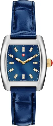 Michele Urban Mini Diamond Croc Embossed Leather Strap Watch, 29mm in Silver/blue at Nordstrom Rack