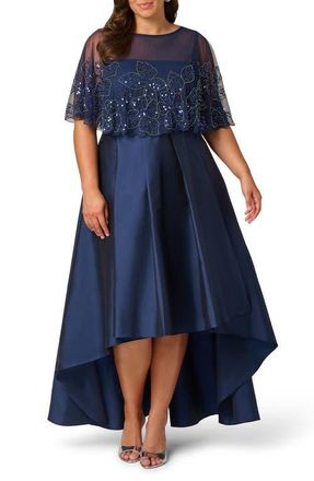 Adrianna Papell Floral Bead Cape High-Low Taffeta Gown in Light Navy at Nordstrom, Size 14W