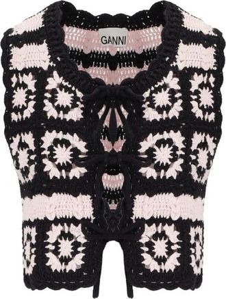 Ganni Roze Gehaakte Vest - Dames - Bodywarmers - Zwart - XS - Katoen - Jassen