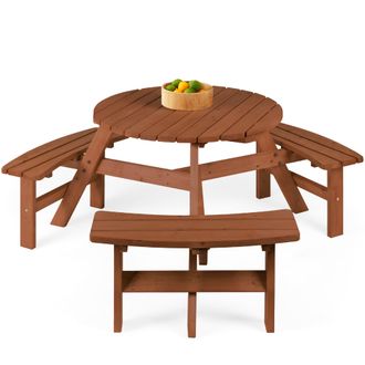 Best Choice Products 6-Person Circular Outdoor Wooden Picnic Table w/ 3 Built-In Benches, Umbrella Hole