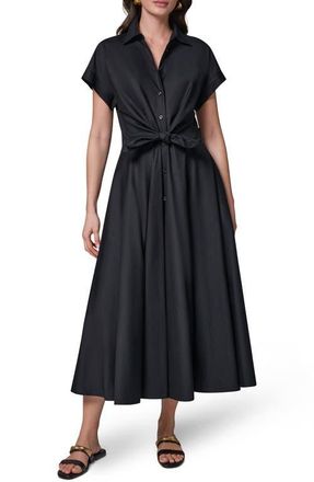 DKNY Tie Waist Short Sleeve Stretch Cotton Midi Shirtdress in Black at Nordstrom, Size X-Small