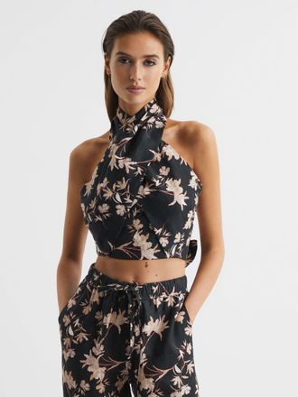 Reiss Ally Black & blush Printed Linen Halter Neck Cropped Top, 14, Black & beige