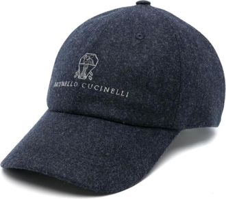 Brunello Cucinelli Accessoires, Heren, Blauw, L, Wol, Navy wollen hoed met logo borduurwerk