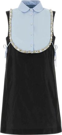 Prada Black Embellished Shirt Collar Mini Dress