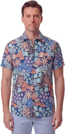 Lords of Harlech Rough Floral Short Sleeve Fine Linen Shirt in Rough Floral Navy at Nordstrom, Size Xx-Large
