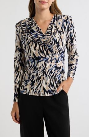 Anne Klein Cowl Neck Long Sleeve Top in Dutch Blue Multi at Nordstrom, Size X-Large