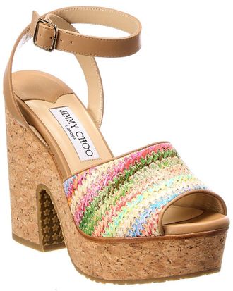 Jimmy Choo London Deven 125 Raffia & Leather Wedge Sandal