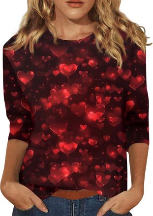 Generic Womens Valentines Shirts, 3/4 Sleeve Crew Neck T-Shirts Valentinas Day Spring Summer Shirt Love Heart Graphic Tee Tops,Red,M