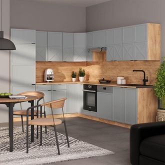 Vicco Cucina angolare completa Fame-Line, Rovere blu-grigio chiaro/oro, 227 x 60 cm senza piano di lavoro, Vicco
