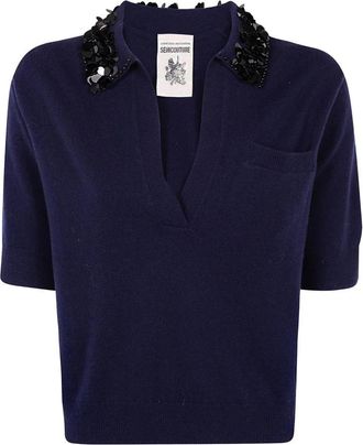 Semicouture Truien & Vesten, Dames, Blauw, S, Kasjmier, Blauwe Kasjmiermix Rhinestone Polotrui