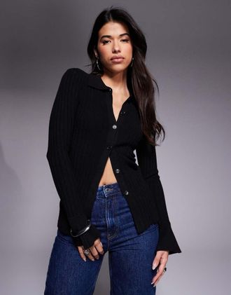 Princess Polly Anneke - Cardigan in maglia nero taglio lungo con maniche svasate e bottoni