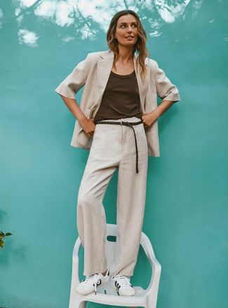 Contemporaine Womens Sand-coloured pinstripe linen pant Fit: Barrel leg, high rise
