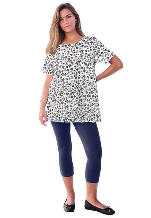 Roaman's Plus Size Ultimate Cotton Crewneck Short Sleeve Swing Tee in White Tossed Ditsy at Nordstrom, Size Medium