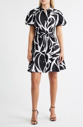 Halogen Abstract Print Short Sleeve Cotton Shirtdress in Rich Black at Nordstrom Rack, Size X-Large