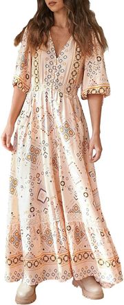 Generic Women Bohemian Dress Casual V Neck Flowy Long Party Dress with Pocket f or Beach Cocktail Summer Streetwear-Beige-S