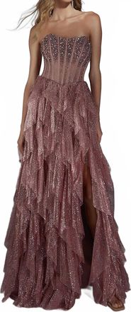 Alyce Paris Strapless Glitter Tulle A-Line Prom Gown In Rosewood