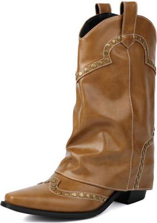 Generic Womens Retro Western Boots Mid Calf, Chunky Heel & Comfort Square Toe for Daily Casual,Light Brown,6.5 UK