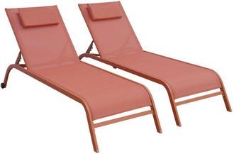 Sweeek Set of 2 multi-position steel sun loungers with cushion and wheels Terracotta 198x62x34 cm - Ona