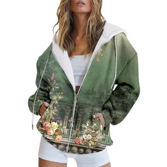 Generic Prime Deals of The Day Black of Friday Hoodies for Women UK Clearance Fashion Graphic Print Long Sleeve Full Zip Sweatshirts Lightweight Drawstring Ho