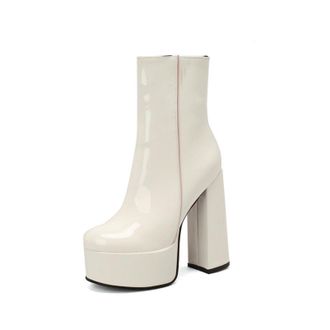 Generic Womens Chunky Block Heel Mid-calf Boots with Platform, Square Toe Design for Stylish Autumn Winter Wear,White,5.5 UK