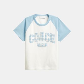 Coach Womens Gingham Sporty Raglan T-Shirt In Organic Cotton - Dark Blue - Size X-Small