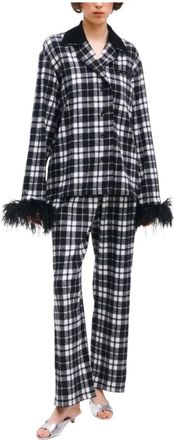 Sleeper Feather Trim Plaid Flannel Pajama Set In Black & White