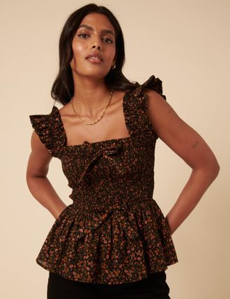 Nobody's Child Black Ditsy Floral Shirred Top