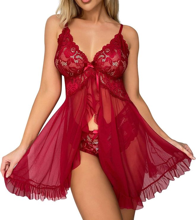 Sexy Lingerie for Women Set, See Through Push up Latex Lingeries G String Lingerie Front Closure Babydoll Lace Chemise Women Open Front Dress Lace Che