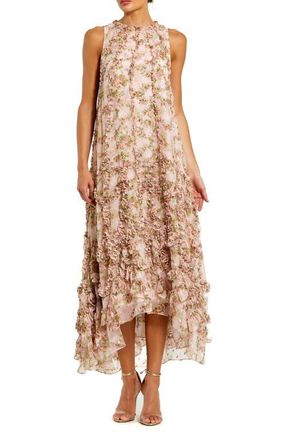 Mac Duggal Floral Ruffle High Neck Chiffon Midi Dress in Pink Multi at Nordstrom, Size 12