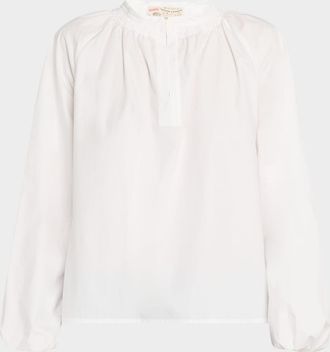 Maison Common Ruched-Neck Long-Sleeve Cotton Blouse