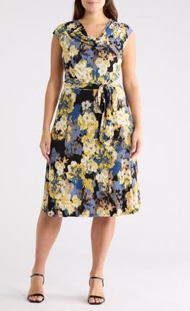Kasper Floral Cowl Neck Sleeveless Fit & Flare Dress in Black Multi at Nordstrom Rack, Size 20W