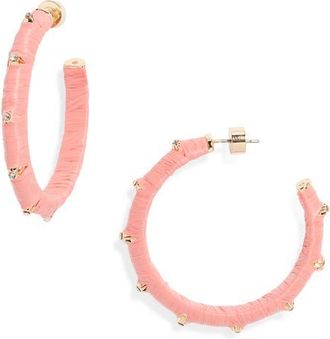 Nordstrom Crystal Accent Raffia Wrapped Hoop Earrings in Pink- Clear- Gold at Nordstrom