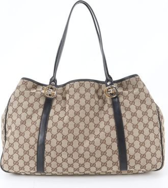 Gucci Brown Leather Canvas Handbag Shoulder Bag Tote Bag (Pre-Owned)