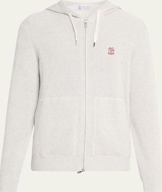 Brunello Cucinelli Mens Cotton Rib Hooded Cardigan Sweatshirt