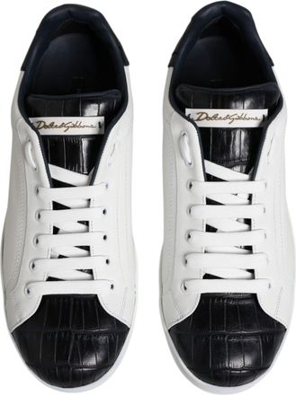 Dolce & Gabbana Mens Portofino Sneaker White Calfskin Crocodile Leather