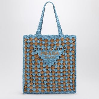 Prada Sky blue/caramel crochet tote bag with logo