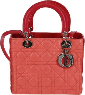 Dior Lady Dior Bag Cannage Quilt Lambskin Orange Leather Handbag (Pre-Owned)