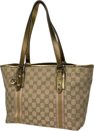 Gucci Beige Gold Gg Canvas Leather Shoulder Bag Tote Bag (Pre-Owned)