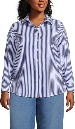 Lands End Plus Size No Iron Button Front Shirt in White/cobalt Blue Stripe at Nordstrom, Size 24W