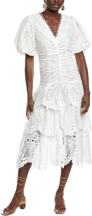 Farm Rio White Cotton Eyelet V Neckline Puffed Sleeve Midi Dress