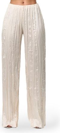 Naked Wardrobe Pliss&eacute; Straight Leg Satin Pants in Crema at Nordstrom, Size X-Large