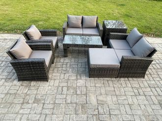 Fimous 7 Seater Dark Grey Mixed High Back Rattan Sofa Set Coffee Table Garden Furniture Outdoor Patio With Love Sofa Arm Chairs